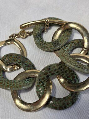 80's Monet Chunky Link Bracelet Gold Tone & Textured Green Faux Snakeskin